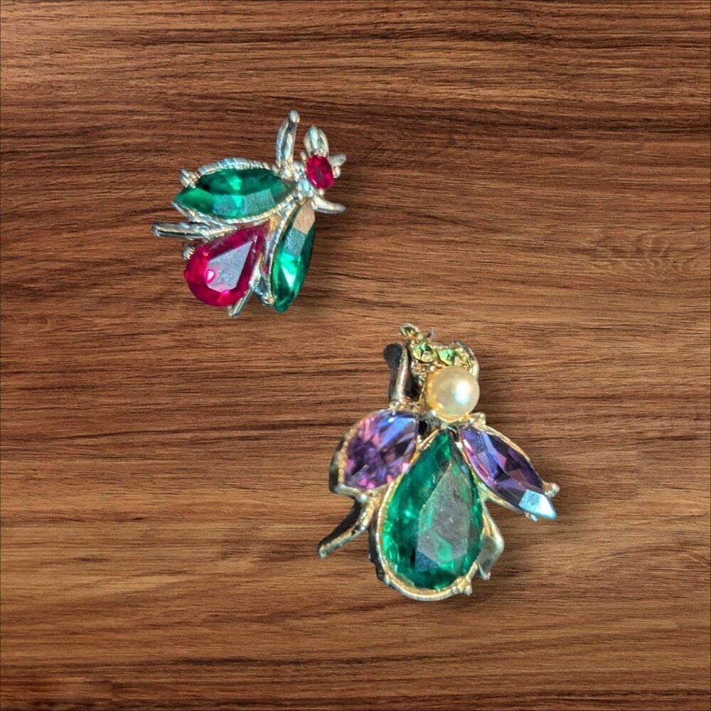 Vintage Bug-Inspired Rhinestone Brooch Set  Silver-Tone Purple Green Jewel Accen